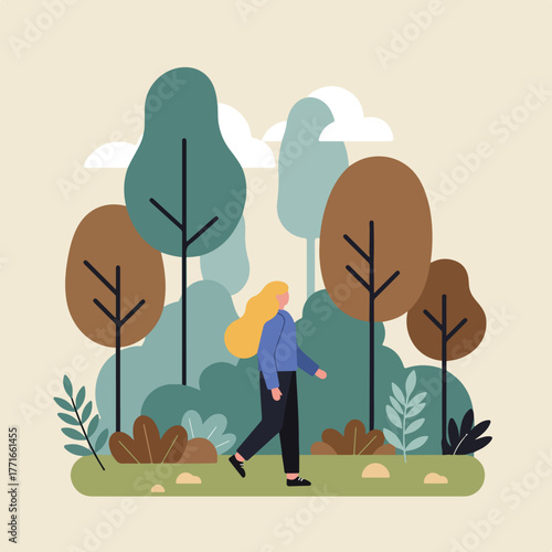 A blonde woman walks through a stylized forest with abstract trees and bushes, evoking nature and a leisurely stroll