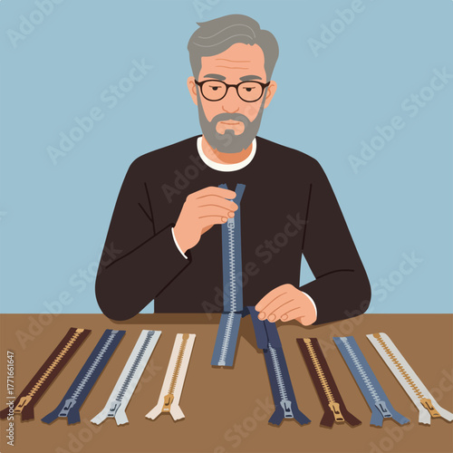 A bespectacled man examines a zipper amid various colors of zippers on a table. He holds one up