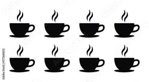 Hot Coffee or Tea Cup Silhouettes Vector Icons Set