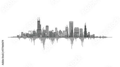 Urban Symphony: The architectural silhouettes of a dynamic city, echoing a rhythm across a mirrored reflection, a visual poem of structure and sound.