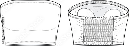 Strapless bandeau top technical sketch, front and back view, ruched back, padded cups, fashion illustration, garment design, apparel template