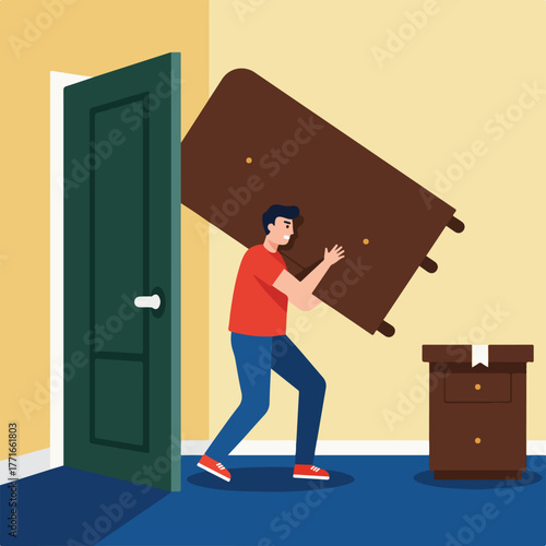 Illustration of a person moving furniture through a doorway, with a dresser also