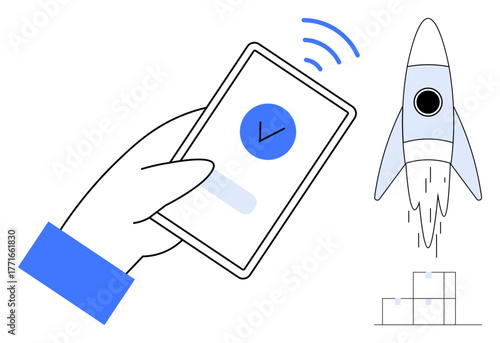 Hand holding smartphone with launched rocket ascending and progress chart below. Ideal for innovation, technology, startup success, growth, creativity, new beginnings, futuristic design. Minimal flat