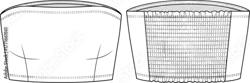 Strapless top technical sketch, front and back view, smocked back, princess seams, fitted bust, fashion illustration, garment template, apparel