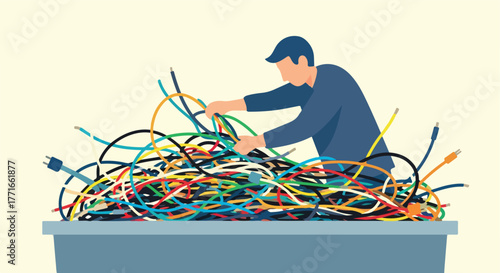 Person sorting colorful cables in a bin