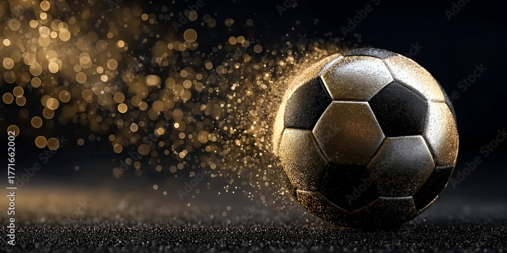 Fototapeta premium Dynamic soccer ball in motion, creating a shimmering effect as it rolls across a dark surface.