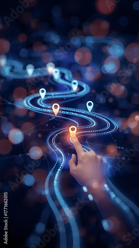 Finger touches glowing heart icon on futuristic digital interface