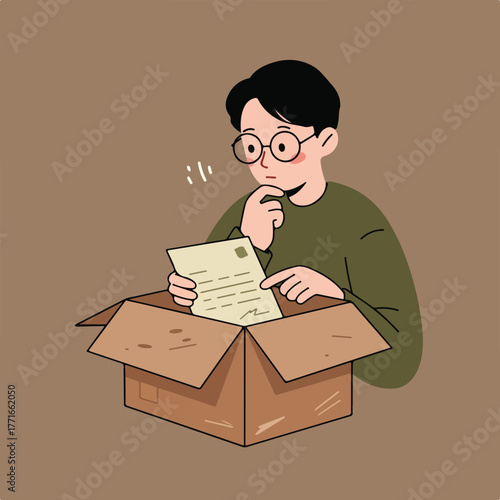 A person in glasses gazes pensively at a letter inside a box. Steam-like lines suggest thoughts. The background is earth-toned