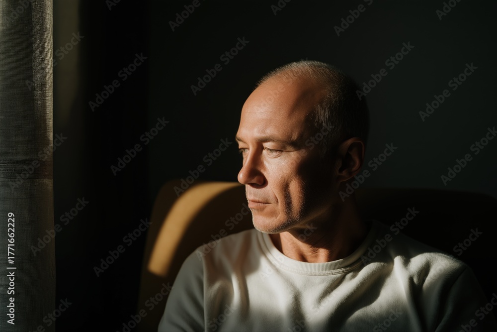 Fototapeta premium Pensive mature caucasian male in sunlight by window