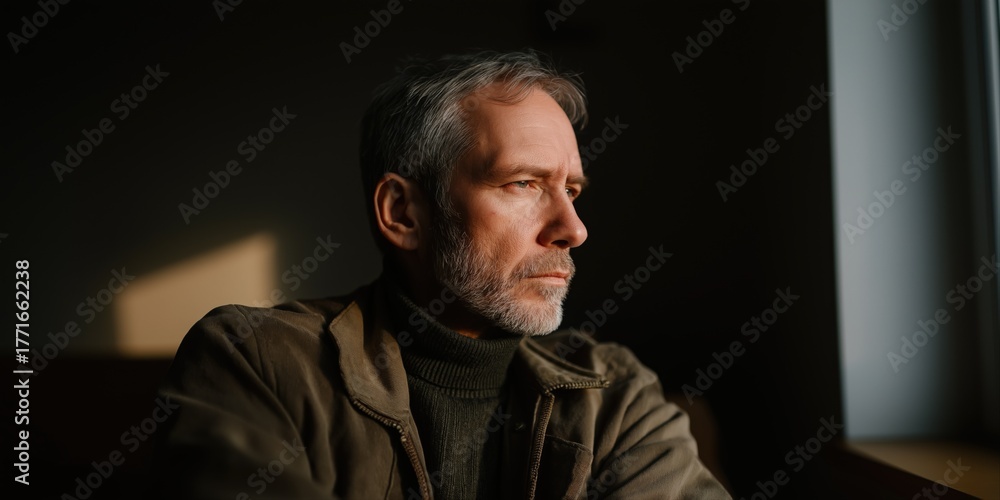 Fototapeta premium Pensive mature caucasian male gazing out the window in thoughtful reflection