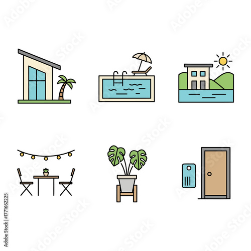 Colorful vector icons for modern vacation, hospitality, and home. Set includes a resort villa, swimming pool, lakeside house, outdoor dining, tropical plant, and hotel door