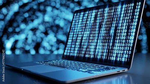 Binary code on laptop screen for data science and machine learning technology concept