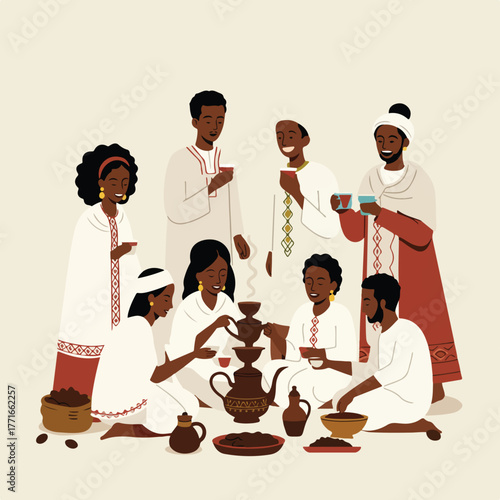 Group of people in traditional attire engaged in a coffee ceremony with traditional serving tools
