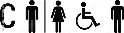 Restroom signage with male, female, disabled icons, letter C symbol, vector illustration, public toilet labels, accessibility design, inclusive washroom signs, blue background