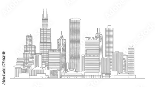 Chicago Skyline: An elegant sketch depicts the iconic cityscape of Chicago, with towering skyscrapers and architectural wonders standing tall.
