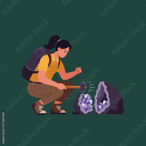 A person, with backpack, squats, swinging a hammer to crack open geodes with purple crystals inside