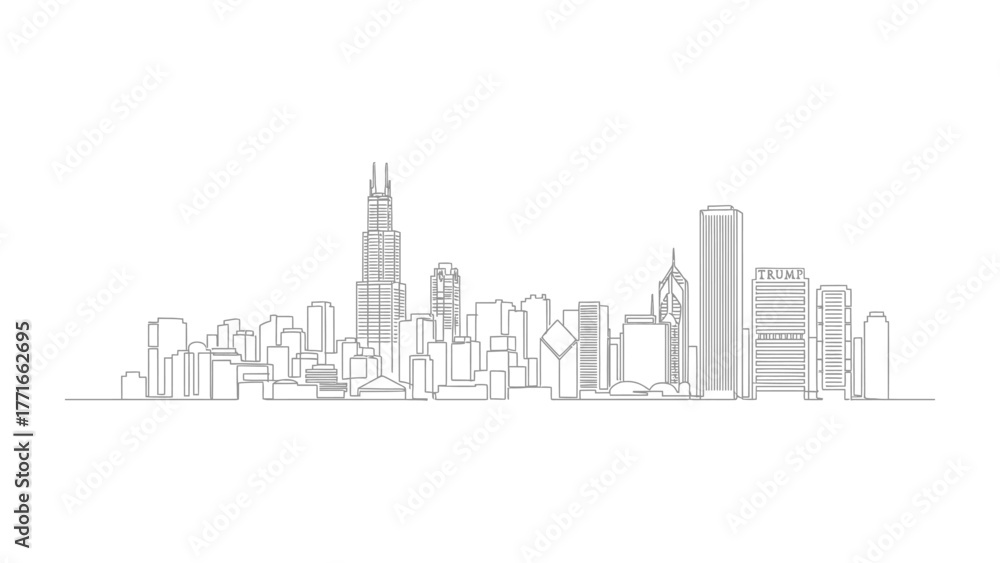 Fototapeta premium Urban Silhouette: A minimalist illustration captures the essence of a city's skyline, with iconic buildings standing tall against a neutral background.