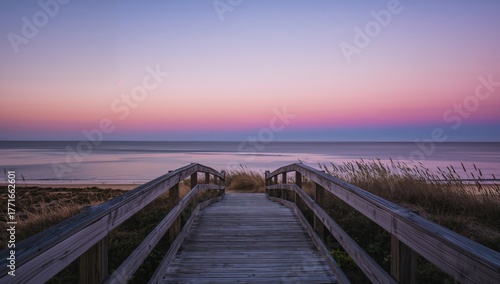 Boardwalk Vista at Dusk, Serene Coastal Scene with Pastel Sky and Wooden Pathway.