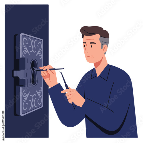 An illustration shows a man using lock picks on a decorated lock. He is dressed in a dark blue shirt
