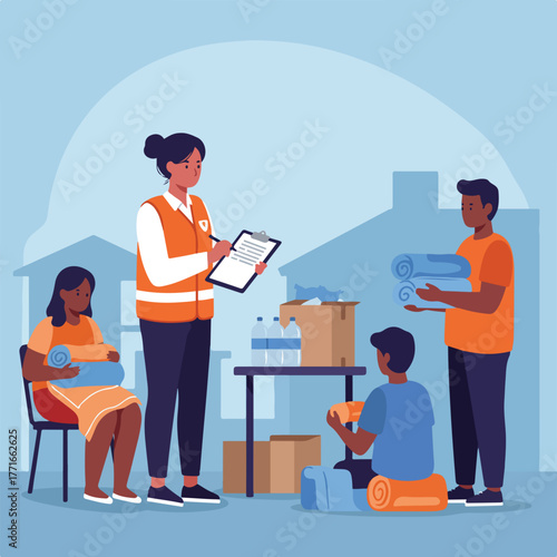 Illustration showing relief workers assisting people.  Some are holding blankets or recording. Houses silhouette in the background