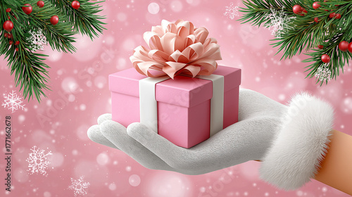 Warm and festive banner with Santa holding a wrapped gift box, surrounded by Christmas decorations and blank area for marketing message