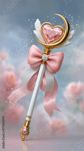 Fantasy-style magical wand with a crescent moon and shimmering pink crystal centerpiece. Surrounded by glowing particles, silky ribbons, and golden touches — creating a bright and cute kawaii atmosphe