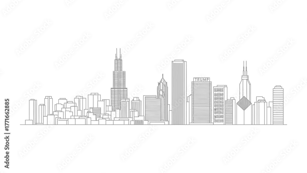 Fototapeta premium Urban Silhouette: A minimalist, gray-scale depiction of a modern city's skyline, showcasing architectural marvels and the unique character of urban development.