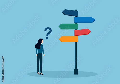 Business crossroads, finding solution or direction for success, confusion or what next challenge, opportunity choice or alternative concept, confused businessman at the crossroads thinking way to go.
