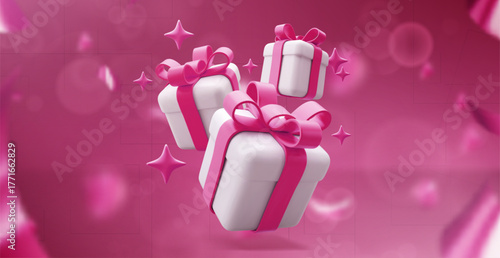 Romantic mockup with floating gift boxes for a 3D presentation for Valentine's Day. White gifts wrapped in pink ribbons. Vector illustration isolated pink background