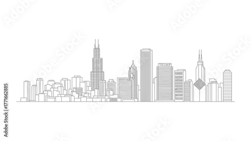 Urban Silhouette: A minimalist, gray-scale depiction of a modern city's skyline, showcasing architectural marvels and the unique character of urban development.