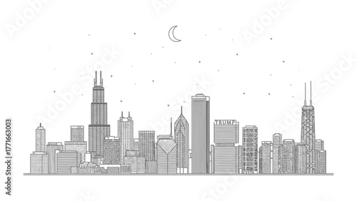 Chicago Skyline Silhouette: A minimalist, monochromatic illustration captures the essence of a modern urban cityscape, the tall buildings reaching towards a serene night sky.
