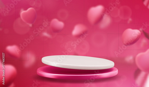 Red showroom with podium and flying hearts. Vector realistic illustration of romantic banner with love symbols and round platforms for Valentine Day sale or wedding gift presentation, sweet design