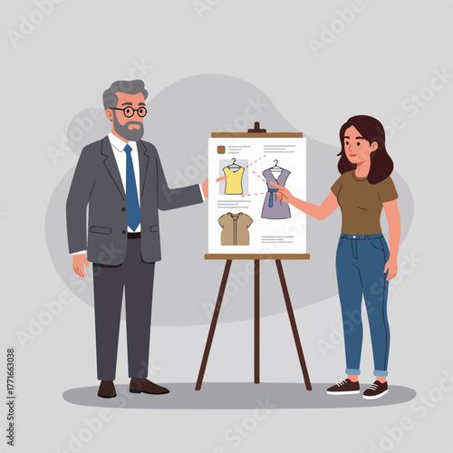 A man and a woman stand by a whiteboard presenting clothing designs. The woman points to a dress