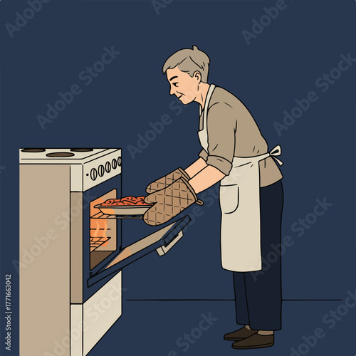 An older person in an apron uses oven mitts to take a baking dish from an oven, illustrated on dark backdrop