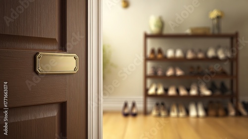 Nameplate and shoe rack product photography, brass engraving details and wood grain clearly shown