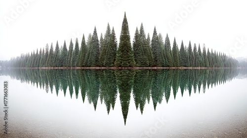 Pine forest lakeside tourism landscape, mirror-like water reflecting tall pines, morning tranquil atmosphere