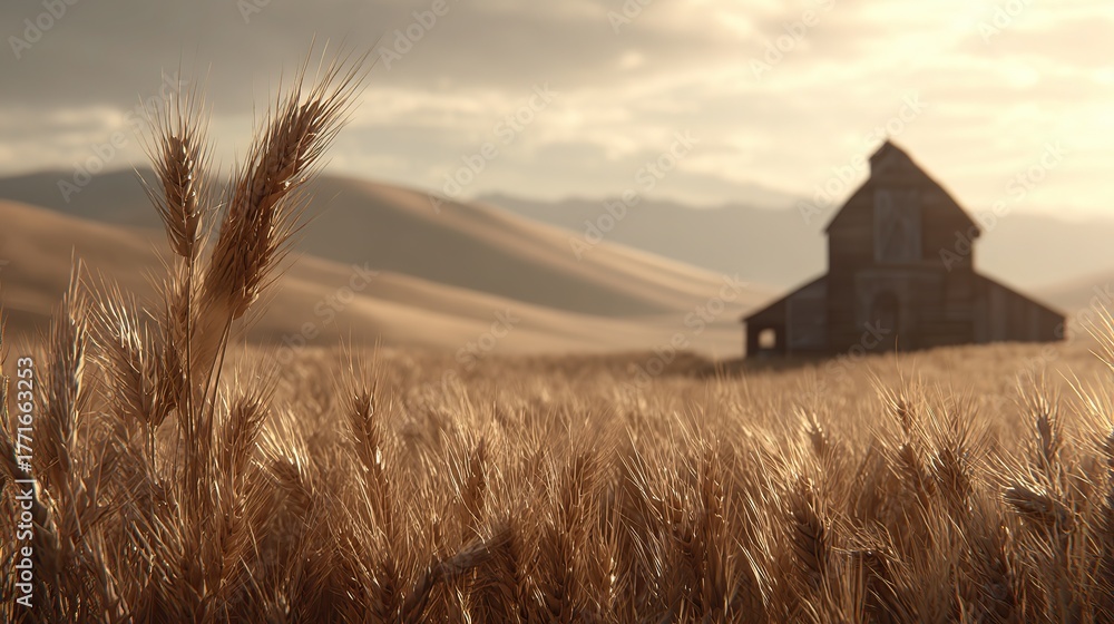 Obraz premium Golden hour rural brewery estate tourism landscape, vast wheat fields swaying in wind
