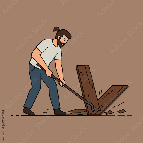A man uses a crowbar to pry apart wooden boards, a construction or demolition scene