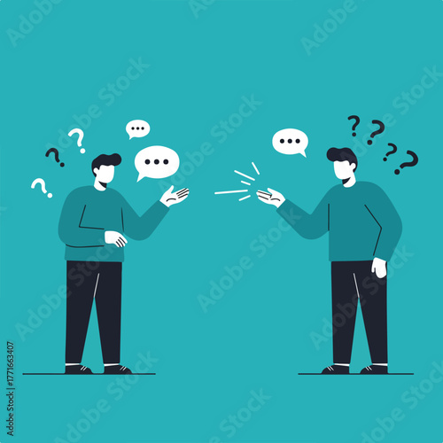 Two figures converse with speech bubbles and question marks, minimalist style, against a teal background