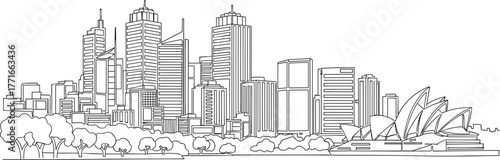 Sydney skyline illustration, black and white cityscape, iconic architecture, opera house drawing, urban landscape, Australia landmark, modern buildings, park trees, travel destination, line art