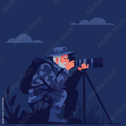 A wildlife photographer kneels, observing through a long lens on a tripod, under a twilight sky
