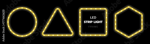 LED strip light frame set. Decorative ring tape lamp sign. Glowing LED neon flex yellow color border on black background for marketing promotions, cards, invitations, banners, tags, etc.