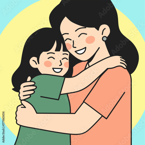Simple Flat Illustration of Loving Mother and Daughter Hugging Together