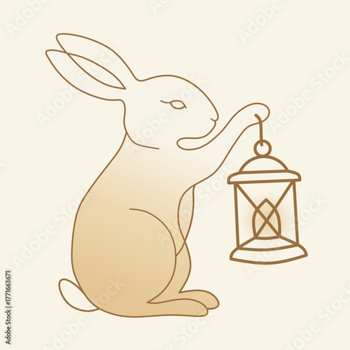 Minimalist Line Art Rabbit Holding Lantern Illustration on Cream Background