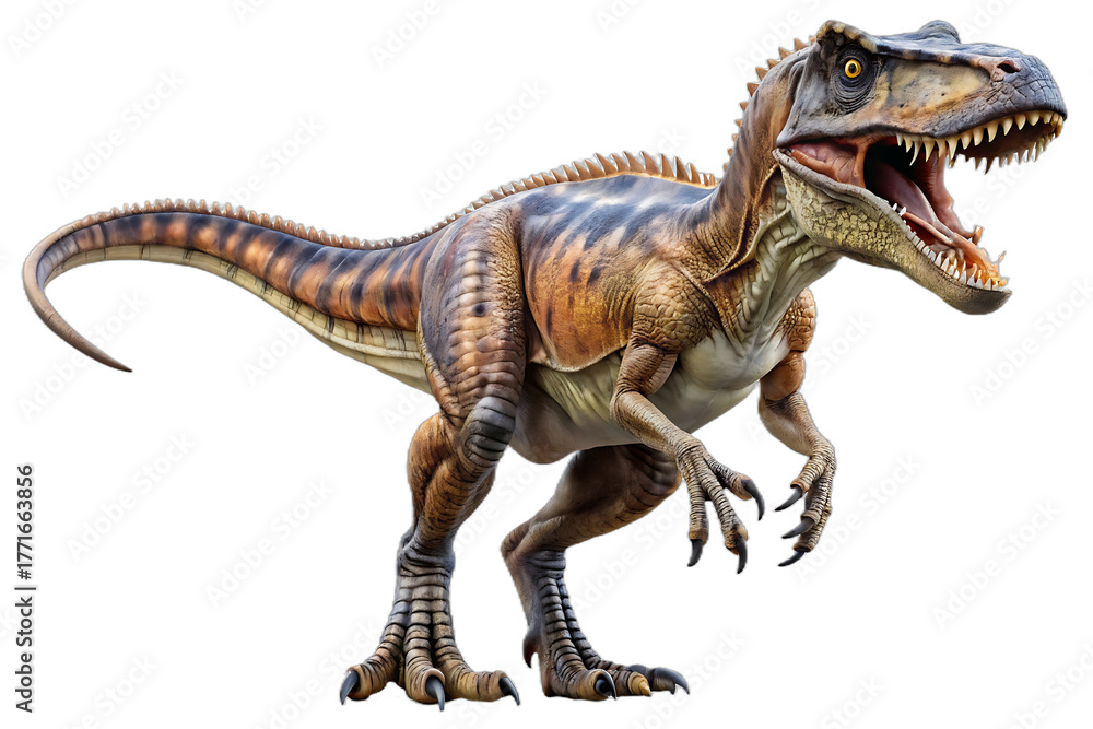 Naklejka premium Realistic Allosaurus dinosaur with open mouth and sharp teeth prehistoric, cutout, PNG isolated on white or transparent background