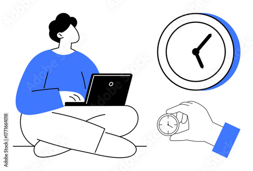 Man sitting cross-legged using laptop next to large wall clock and small hand-held clock. Ideal for time management, productivity, scheduling, focus, multitasking, work-life balance, simple flat