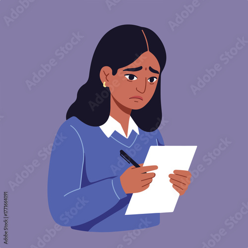 A concerned person, writing on a blank paper, displays somber emotions. The background is a solid purple color