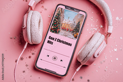 Smartphone displaying Gen Z Christmas Hits playlist on pink background