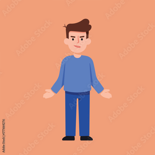 Flat illustration of a man with arms open, dressed in blue sweater and pants. Orange background