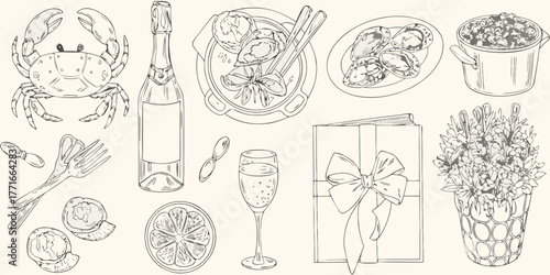 Hand drawn sketch of a seafood feast with champagne and a gift box